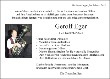 Traueranzeige von Gerolf Eger von Schwarzwälder Bote