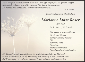 Traueranzeige von Marianne Luise Roser von Schwarzwälder Bote