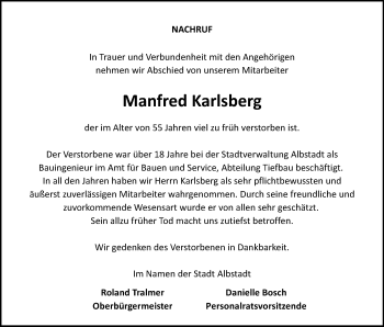 Traueranzeige von Manfred Karlsberg von Schwarzwälder Bote