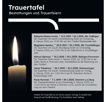Traueranzeige von Totentafel vom 04.02.2026  von Schwarzwälder Bote