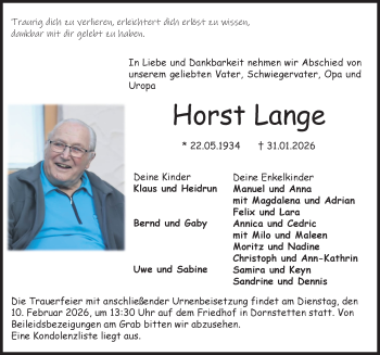 Traueranzeige von Horst Lange von Schwarzwälder Bote