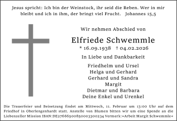 Traueranzeige von Elfriede Schwemmle von Schwarzwälder Bote