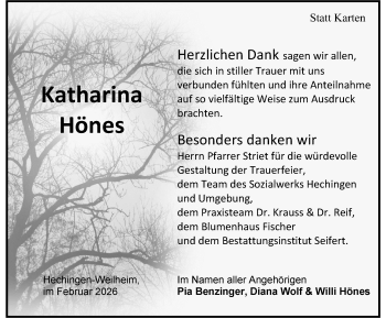 Traueranzeige von Katharina Hönes von Schwarzwälder Bote