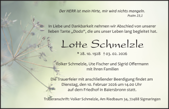 Traueranzeige von Lotte Schmelzle von Schwarzwälder Bote