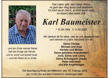Traueranzeige von Karl Baumeister von Schwarzwälder Bote