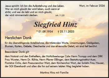 Traueranzeige von Siegfried Hinz von Schwarzwälder Bote