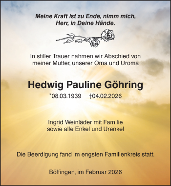 Traueranzeige von Hedwig Pauline Göhring von Schwarzwälder Bote