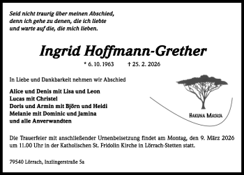 Traueranzeige von Ingrid Hoffmann-Grether von Schwarzwälder Bote