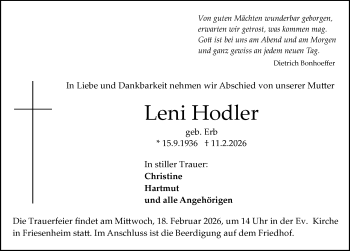 Traueranzeige von Leni Hodler von Schwarzwälder Bote