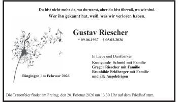 Traueranzeige von Gustav Riescher von Schwarzwälder Bote