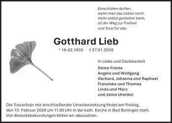 Traueranzeige von Gotthard Lieb von Schwarzwälder Bote