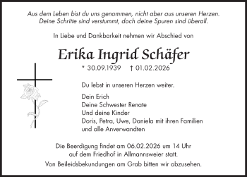 Traueranzeige von Erika Ingrid Schäfer von Schwarzwälder Bote