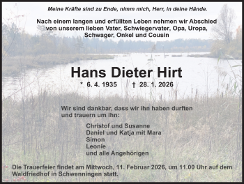 Traueranzeige von Hans Dieter Hirt von Schwarzwälder Bote