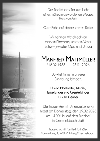 Traueranzeige von Manfed Mattmüller von Schwarzwälder Bote
