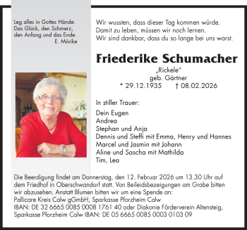 Traueranzeige von Friederike Schumacher von Schwarzwälder Bote