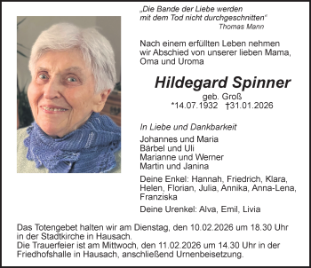 Traueranzeige von Hildegard Spinner von Schwarzwälder Bote