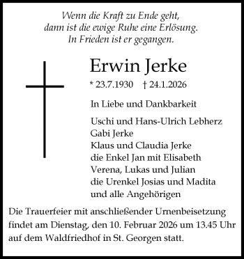 Traueranzeige von Erwin Jerke von Schwarzwälder Bote
