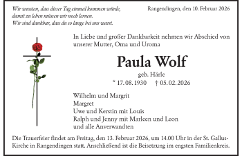 Traueranzeige von Paula Wolf von Schwarzwälder Bote