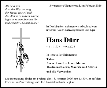 Traueranzeige von Hans Dürr von Schwarzwälder Bote