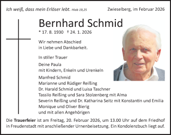 Traueranzeige von Bernhard Schmid von Schwarzwälder Bote