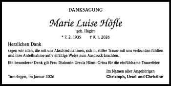 Traueranzeige von Marie Luise Höfle von Schwarzwälder Bote