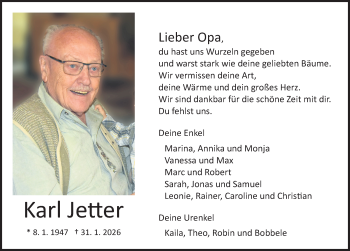Traueranzeige von Karl Jetter von Schwarzwälder Bote
