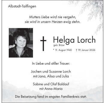 Traueranzeige von Helga Lorch von Schwarzwälder Bote