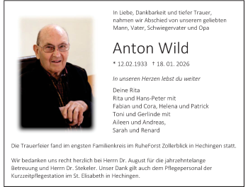 Traueranzeige von Anton Wild von Schwarzwälder Bote
