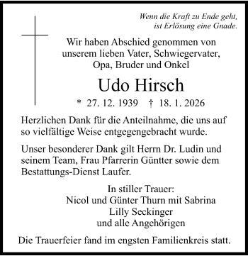 Traueranzeige von Udo Hirsch von Schwarzwälder Bote
