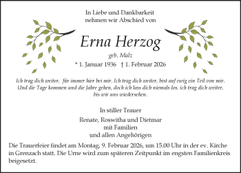 Traueranzeige von Erna Herzog von Schwarzwälder Bote