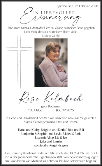 Traueranzeige von Rose Kalmbach von Schwarzwälder Bote