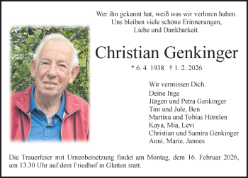 Traueranzeige von Christian Genkinger von Schwarzwälder Bote