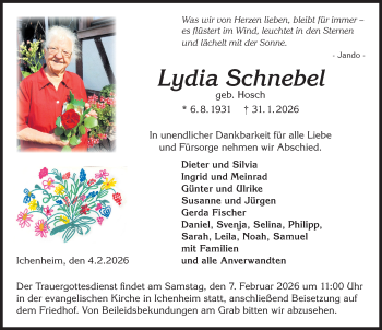 Traueranzeige von Lydia Schnebel von Schwarzwälder Bote