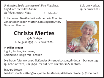 Traueranzeige von Christa Mertes von Schwarzwälder Bote