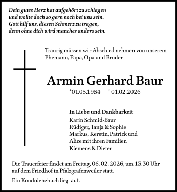 Traueranzeige von Armin Gerhard Baur von Schwarzwälder Bote
