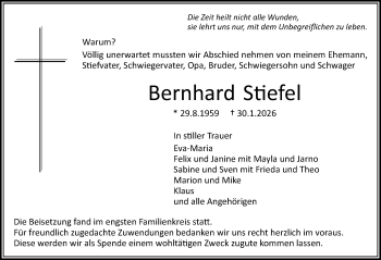 Traueranzeige von Bernhard Stiefel von Schwarzwälder Bote