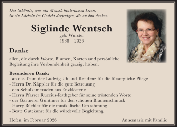 Traueranzeige von Siglinde Wentsch von Schwarzwälder Bote