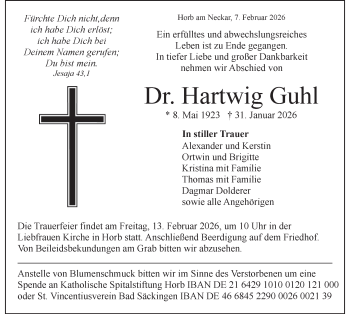 Traueranzeige von Hartwig Guhl von Schwarzwälder Bote