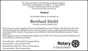 Traueranzeige von Bernhard Stiefel von Schwarzwälder Bote