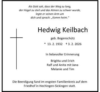 Traueranzeige von Hedwig Keilbach von Schwarzwälder Bote