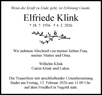 Traueranzeige von Elfriede Klink von Schwarzwälder Bote