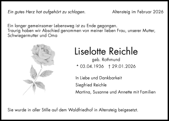 Traueranzeige von Liselotte Reichle von Schwarzwälder Bote