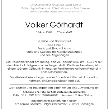 Traueranzeige von Volker Görhardt von Schwarzwälder Bote