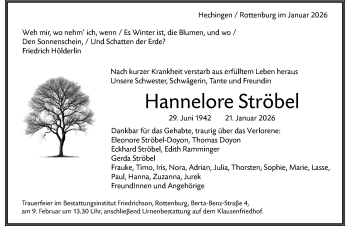 Traueranzeige von Hannelore Ströbel von Schwarzwälder Bote