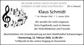 Traueranzeige von Klaus Schmidt von Schwarzwälder Bote