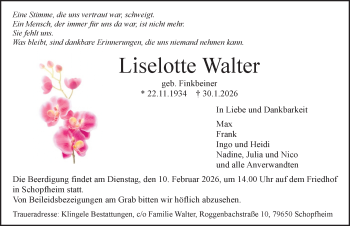 Traueranzeige von Liselotte Walter von Schwarzwälder Bote