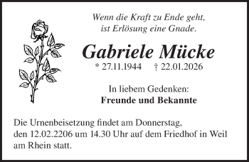 Traueranzeige von Gabriele Mücke von Schwarzwälder Bote