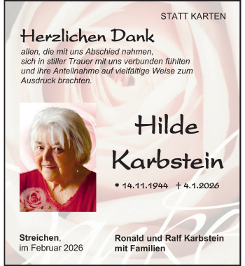 Traueranzeige von Hilde Karbstein von Schwarzwälder Bote