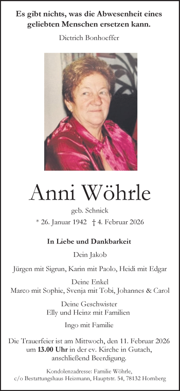 Traueranzeige von Anni Wöhrle von Schwarzwälder Bote
