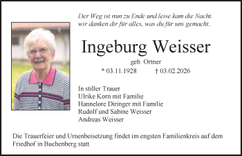 Traueranzeige von Ingeburg Weisser von Schwarzwälder Bote